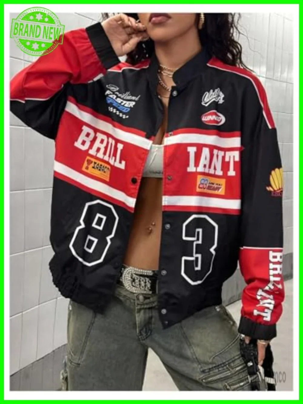 Y2K Varsity Jacket Color Block Long Sleeve Vintage Racing Bomber Coat